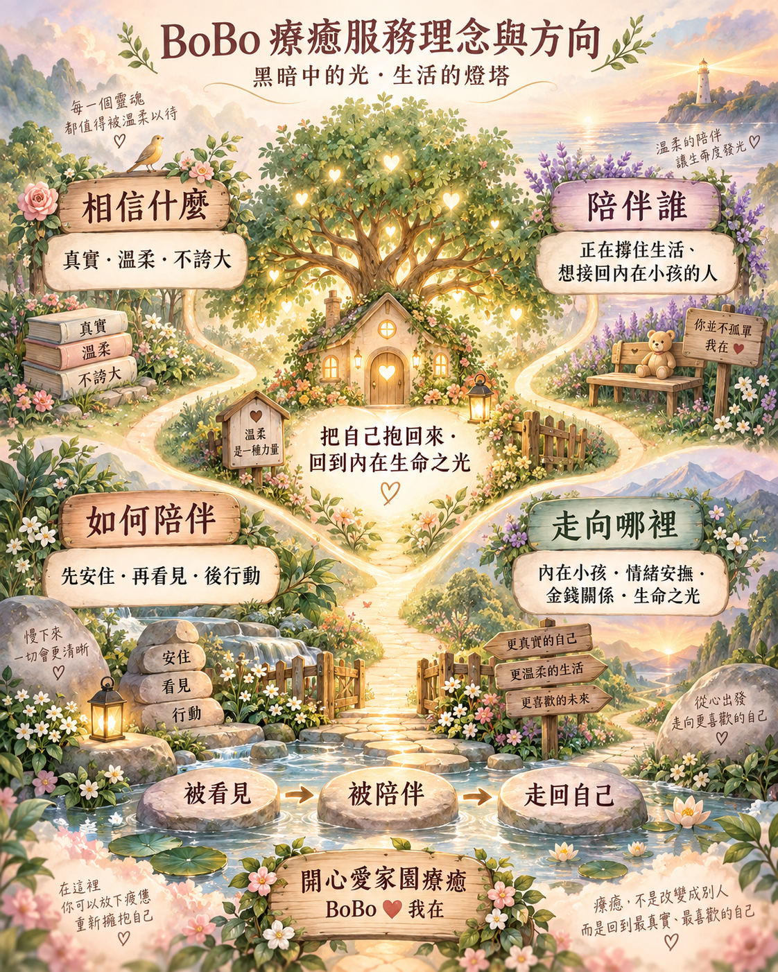 BoBo 療癒服務理念與方向地圖：從被看見、被陪伴，慢慢走回自己