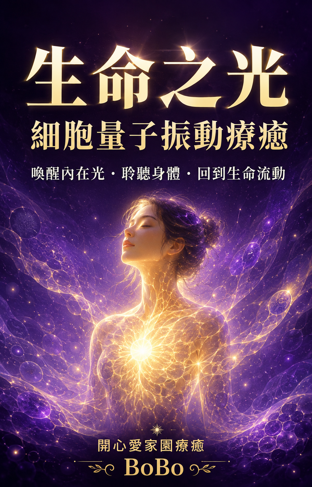 生命之光細胞量子振動療癒｜金紫色生命之光圍繞冥想中的人物